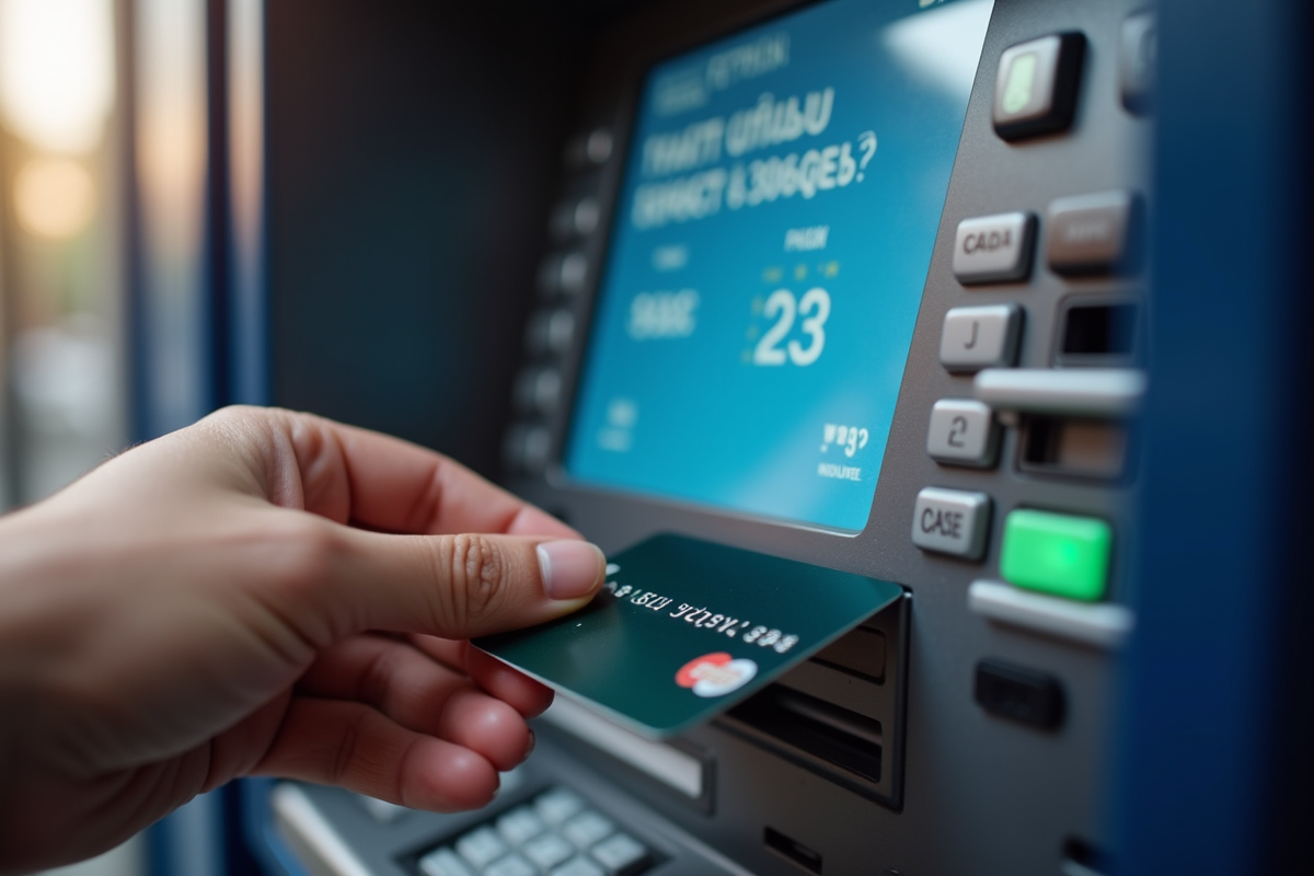 Main insérant une carte bancaire dans un ATM avec écran