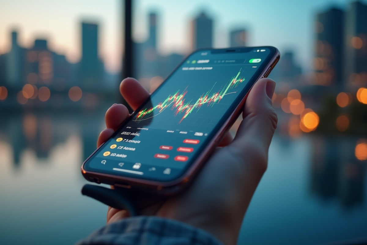 Main tenant un smartphone avec application crypto en reflet de ville