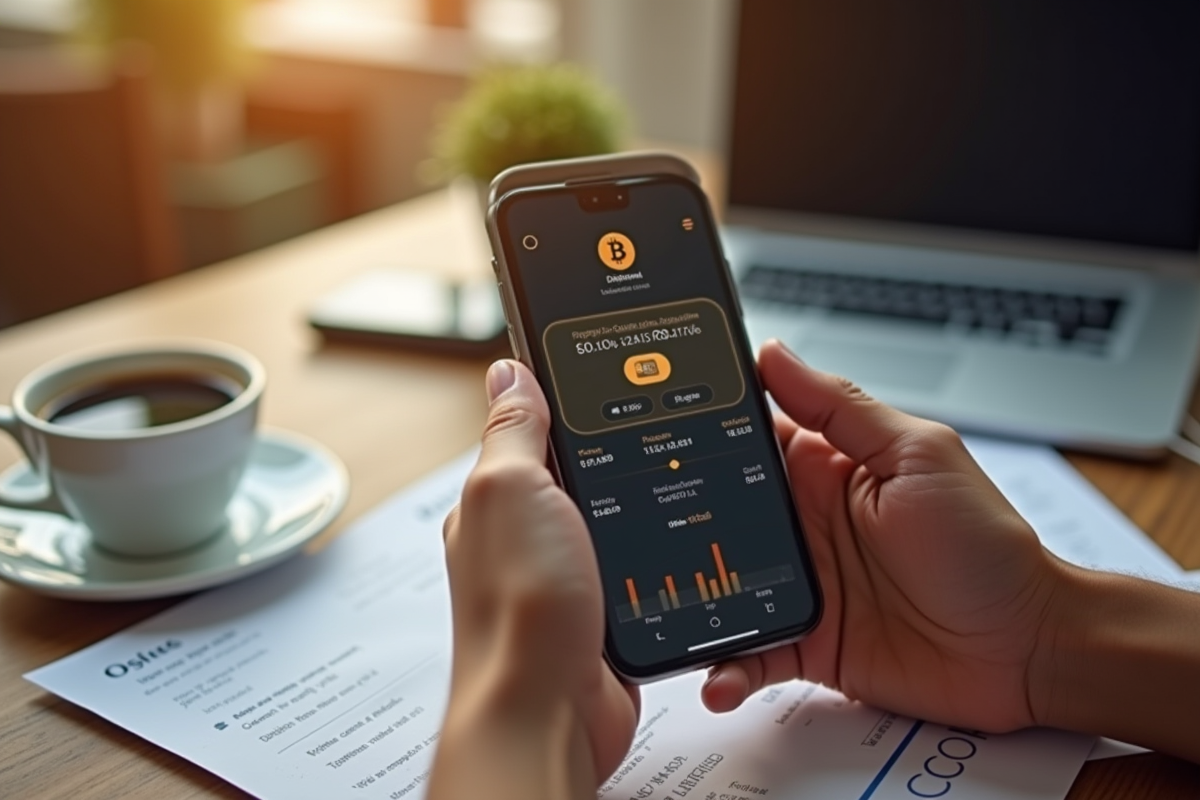 Mains tenant un smartphone avec wallet bitcoin et frais de transaction