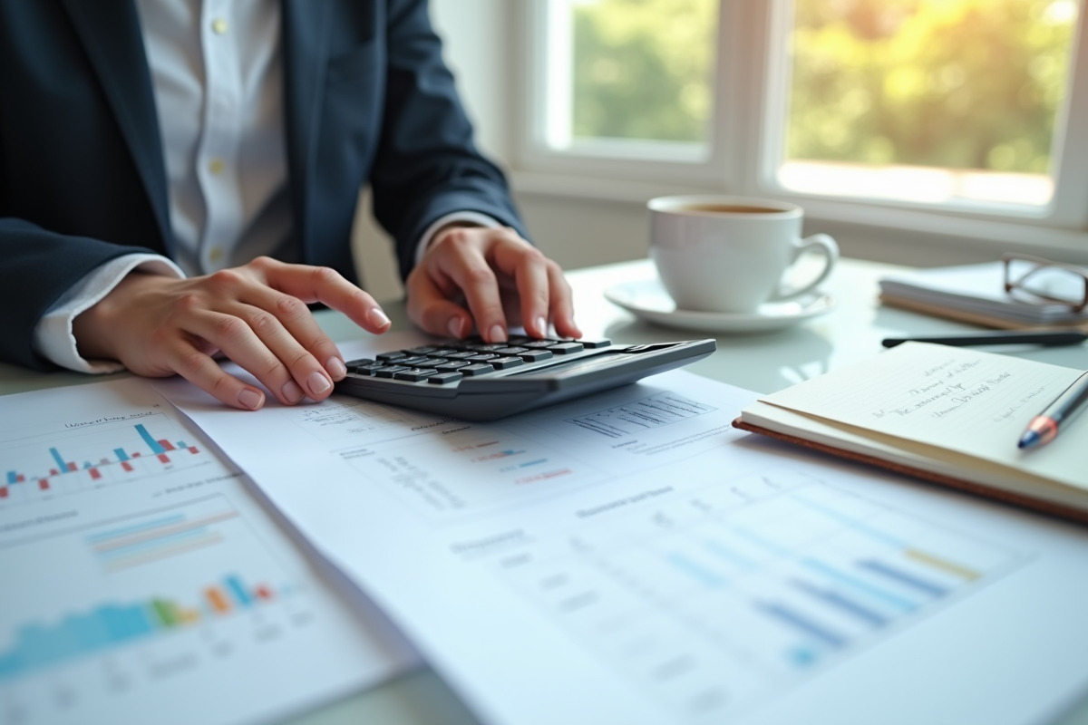 Main utilisant une calculatrice sur un bureau avec documents