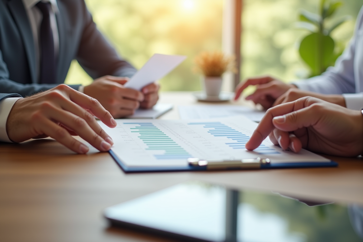 Trois mains tenant différents documents financiers sur un bureau lumineux