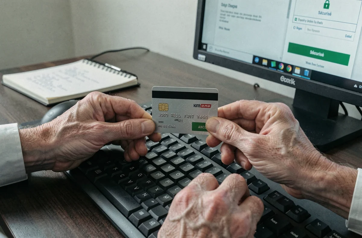Gros plan sur les mains d'une personne saisissant ses informations de carte bancaire sur un ordinateur de bureau avec une page de paiement sécurisé visible à l'écran