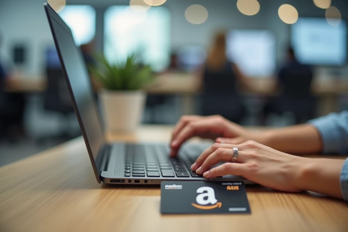 Gros plan de mains saisissant un code de bon Amazon à partir d'un chèque Cadhoc