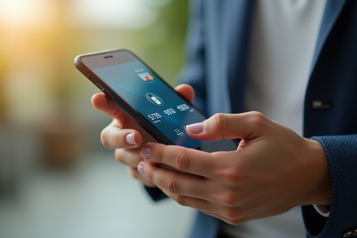 Mains tenant un smartphone avec une carte bancaire digitale