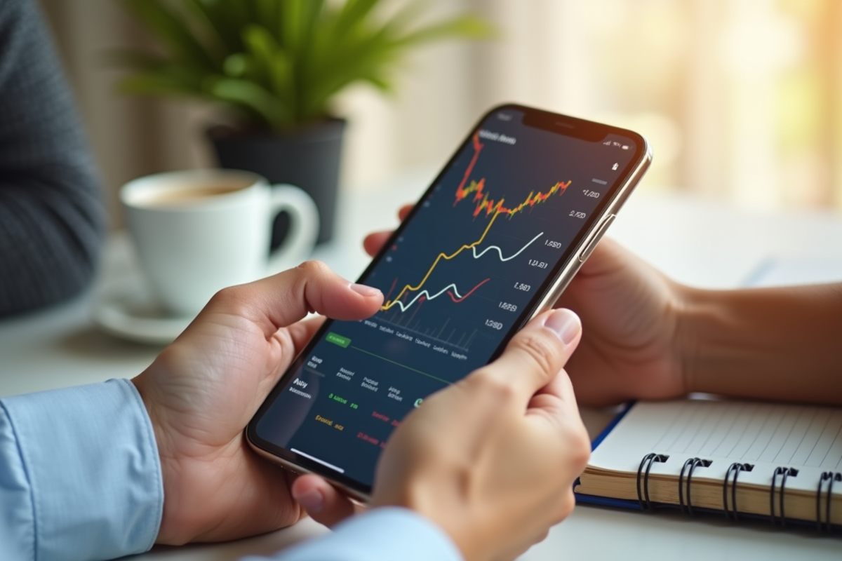 Mains tenant un smartphone affichant une application financière avec graphiques en hausse