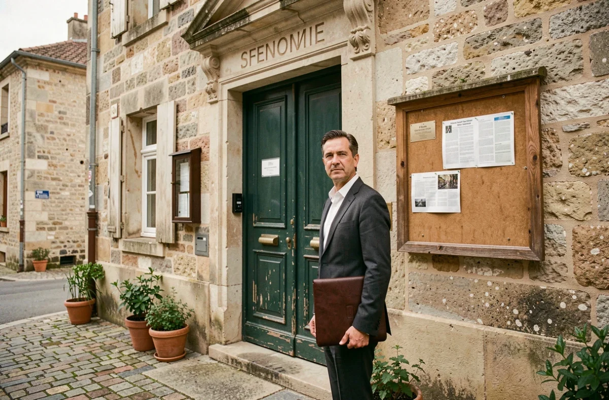 Maire adjoint devant l'entrée d'une mairie de petite ville en France tenant un portfolio