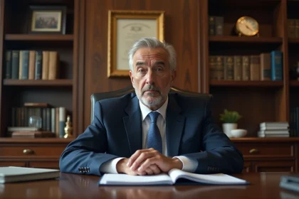 Maire en costume bleu assis &agrave; son bureau avec documents