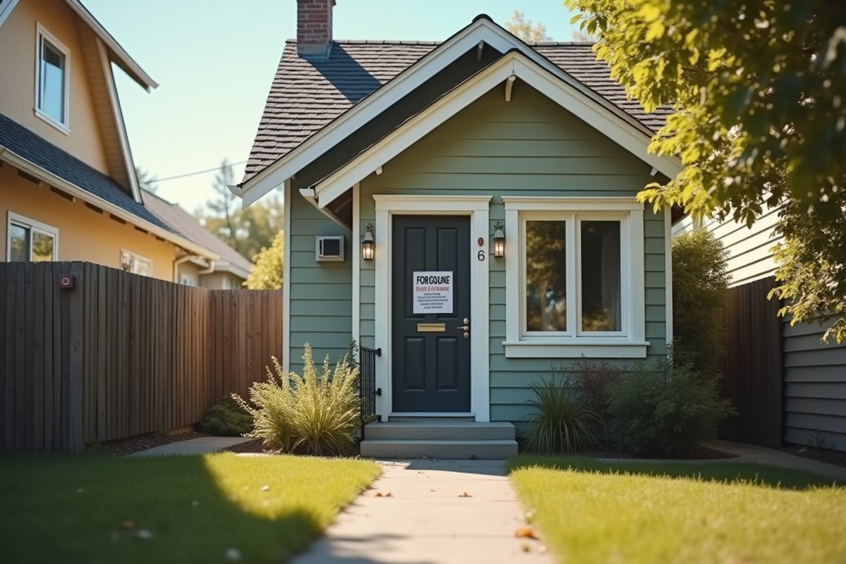 Une maison avec un avis de saisie à la porte en plein jour