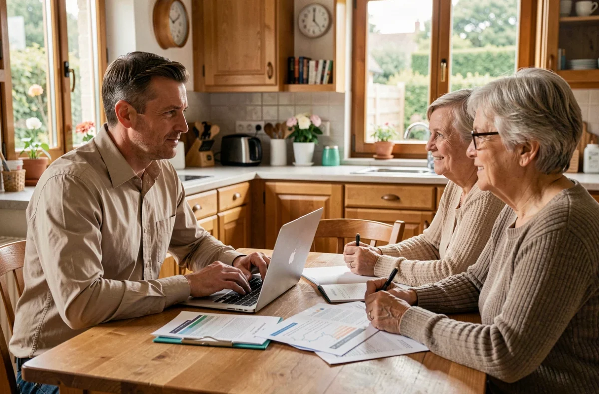 Conseiller de Mamensualite.fr en déplacement à domicile pour un rachat de crédit, assis à la table d'un couple dans leur cuisine