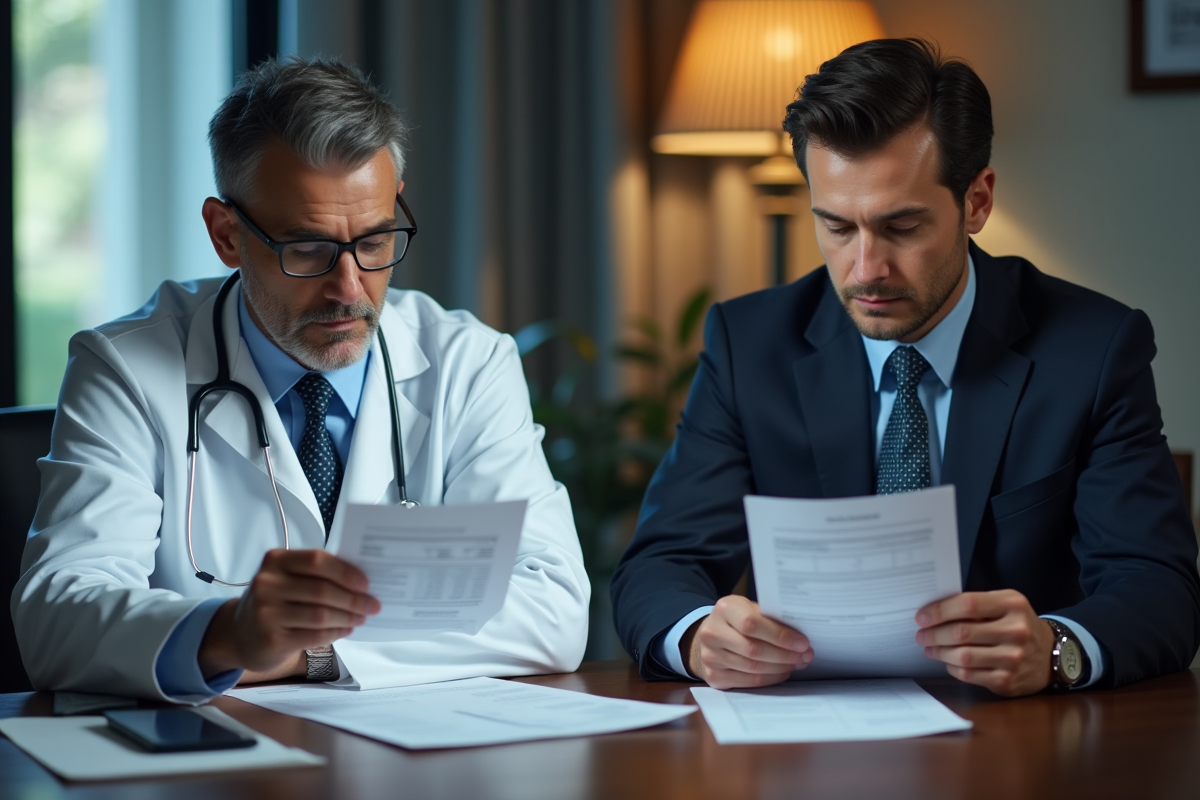 Médecin en blouse blanche vérifiant une fiche de paie au bureau