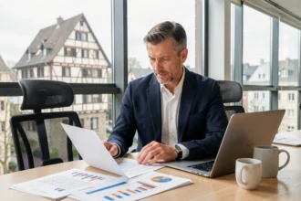 Courtier en rachat de crédit dans le Grand Est consultant des documents financiers dans un bureau moderne avec vue sur l'architecture alsacienne