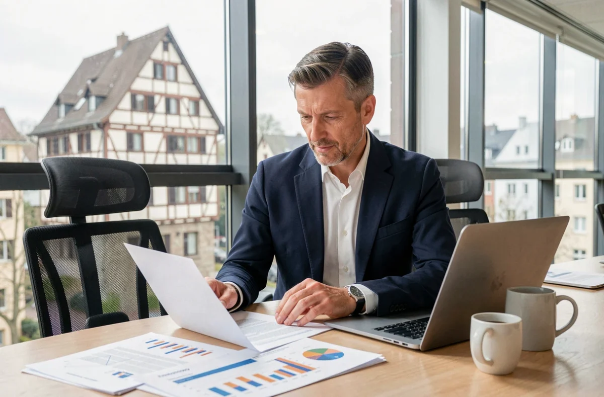 Courtier en rachat de crédit dans le Grand Est consultant des documents financiers dans un bureau moderne avec vue sur l'architecture alsacienne