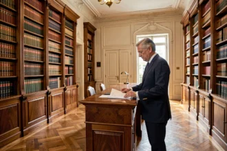 Vue d'ensemble d'un cabinet notarial professionnel dans le Val-d'Oise avec un notaire consultant des documents juridiques