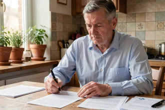 Homme consultant ses documents fiscaux fonciers à la table de cuisine pour mensualiser ses impôts