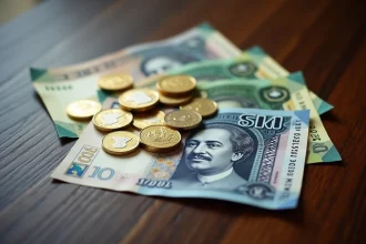 Billets et pièces de monnaie des Émirats arabes unis, dirhams étalés sur une surface en bois sombre