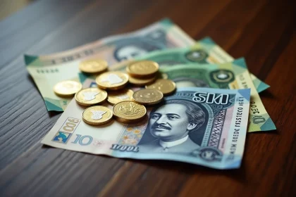 Billets et pi&egrave;ces de monnaie des &Eacute;mirats arabes unis, dirhams &eacute;tal&eacute;s sur une surface en bois sombre