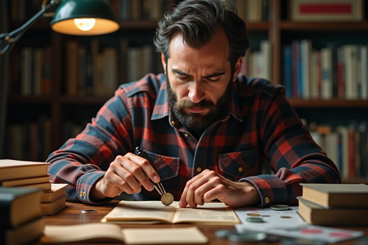 Homme numismate inspectant une pièce de 2 euros avec une loupe de bijoutier dans un bureau d'antiquaire encombré