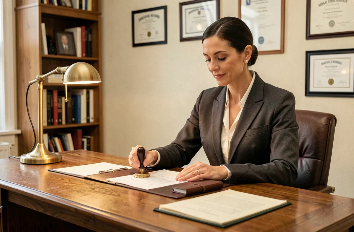 Notaire de l'Office Notarial A. Nicolas apposant un sceau officiel sur un document juridique dans son bureau