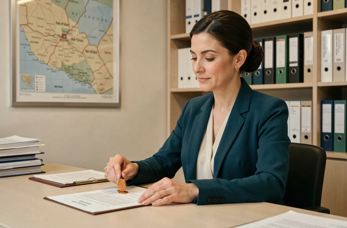 Maître Hatun Doman appliquant un sceau de cire sur un acte notarié dans son office notarial