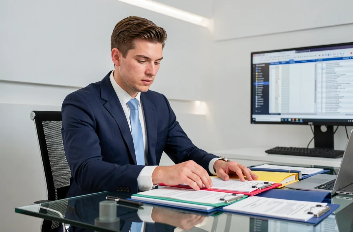 Le notaire Quentin Verkinderen organisant des dossiers juridiques dans son office notarial moderne