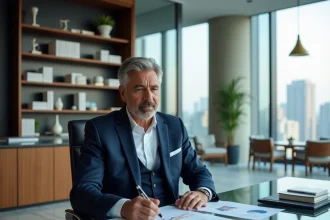 Homme d'affaires en costume marine analysant des documents financiers dans un bureau moderne avec vue sur la ville, illustrant la fortune et les investissements d'Olivier de Stefano