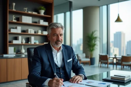 Homme d'affaires en costume marine analysant des documents financiers dans un bureau moderne avec vue sur la ville, illustrant la fortune et les investissements d'Olivier de Stefano