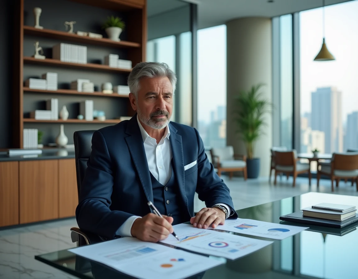 Homme d'affaires en costume marine analysant des documents financiers dans un bureau moderne avec vue sur la ville, illustrant la fortune et les investissements d'Olivier de Stefano