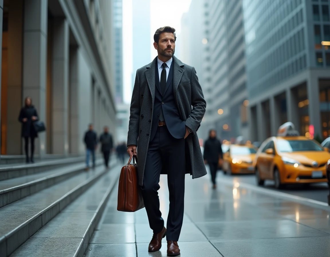 Homme d'affaires en manteau gris devant un immeuble du quartier financier tenant une mallette en cuir, évoquant le profil d'investisseur et la fortune d'Olivier de Stefano