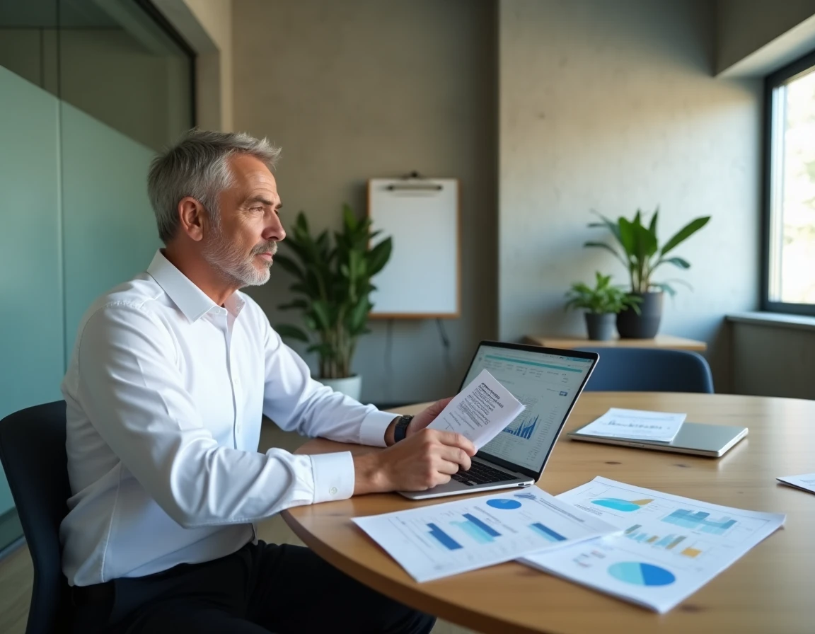Homme d'affaires en chemise blanche étudiant des rapports d'investissement et des plans immobiliers autour d'une table de réunion moderne, illustrant la diversification du patrimoine d'Olivier de Stefano