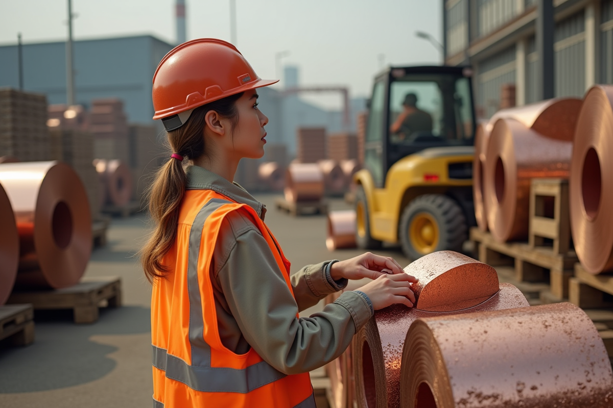 Femme travaillant avec un lingot de cuivre en extérieur
