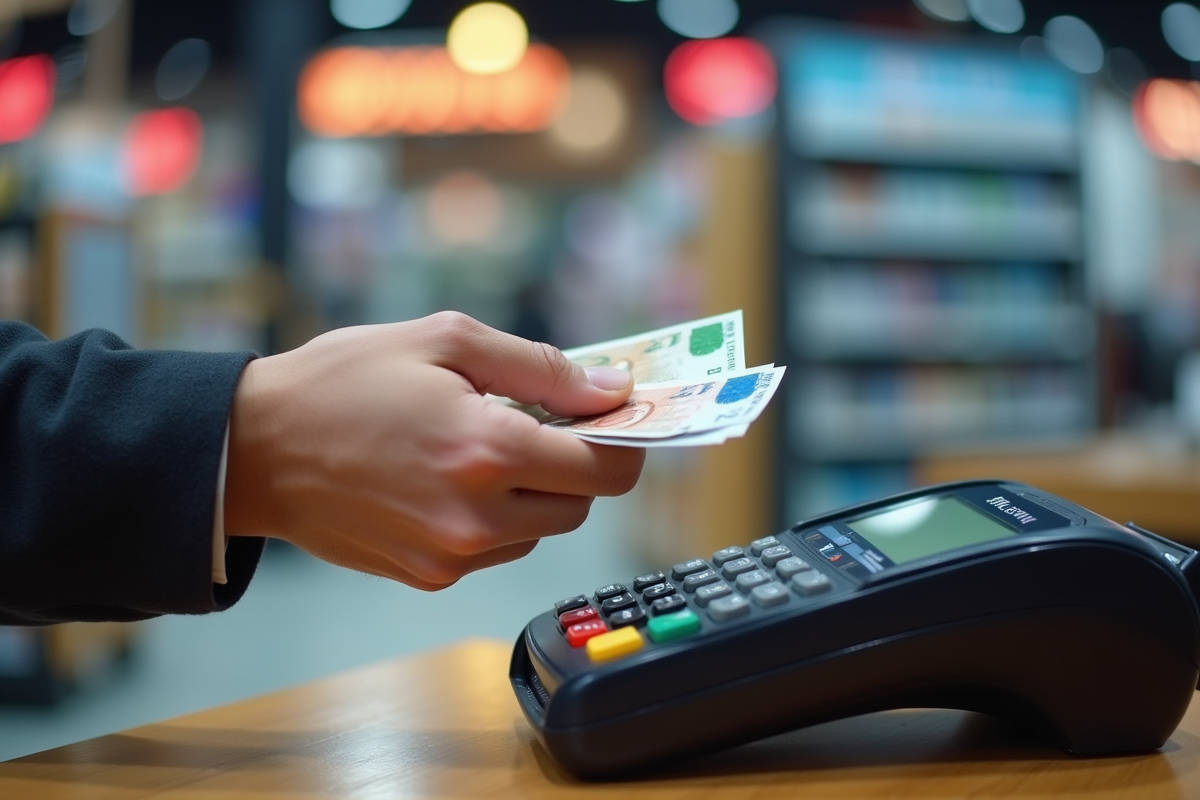 Main recevant des pièces et billets au terminal de paiement