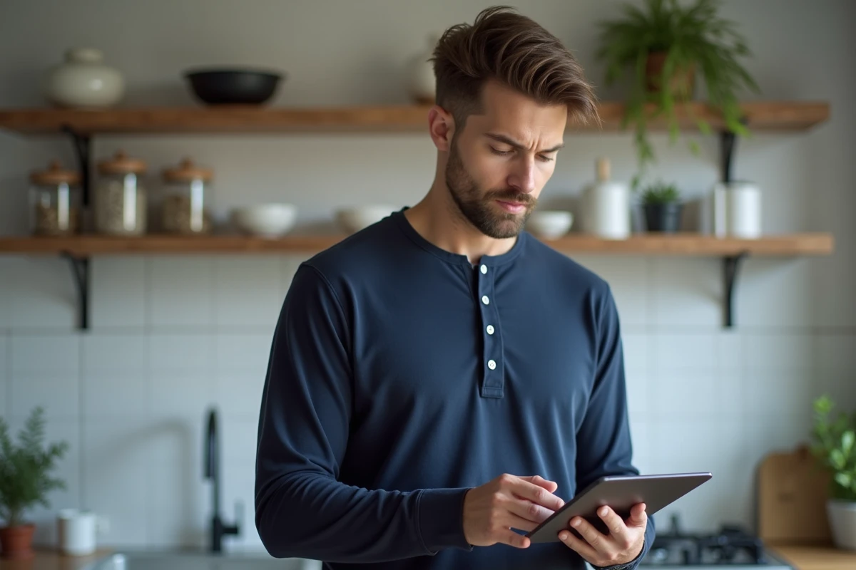 Homme consultant une tablette affichant une page de paiement Amazon avec l'option PayPal dans une cuisine moderne