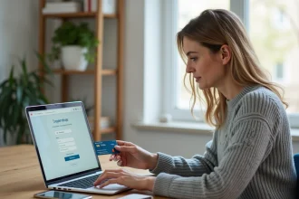 Femme payant une cotisation URSSAF en ligne depuis son bureau à domicile avec une carte bancaire personnelle