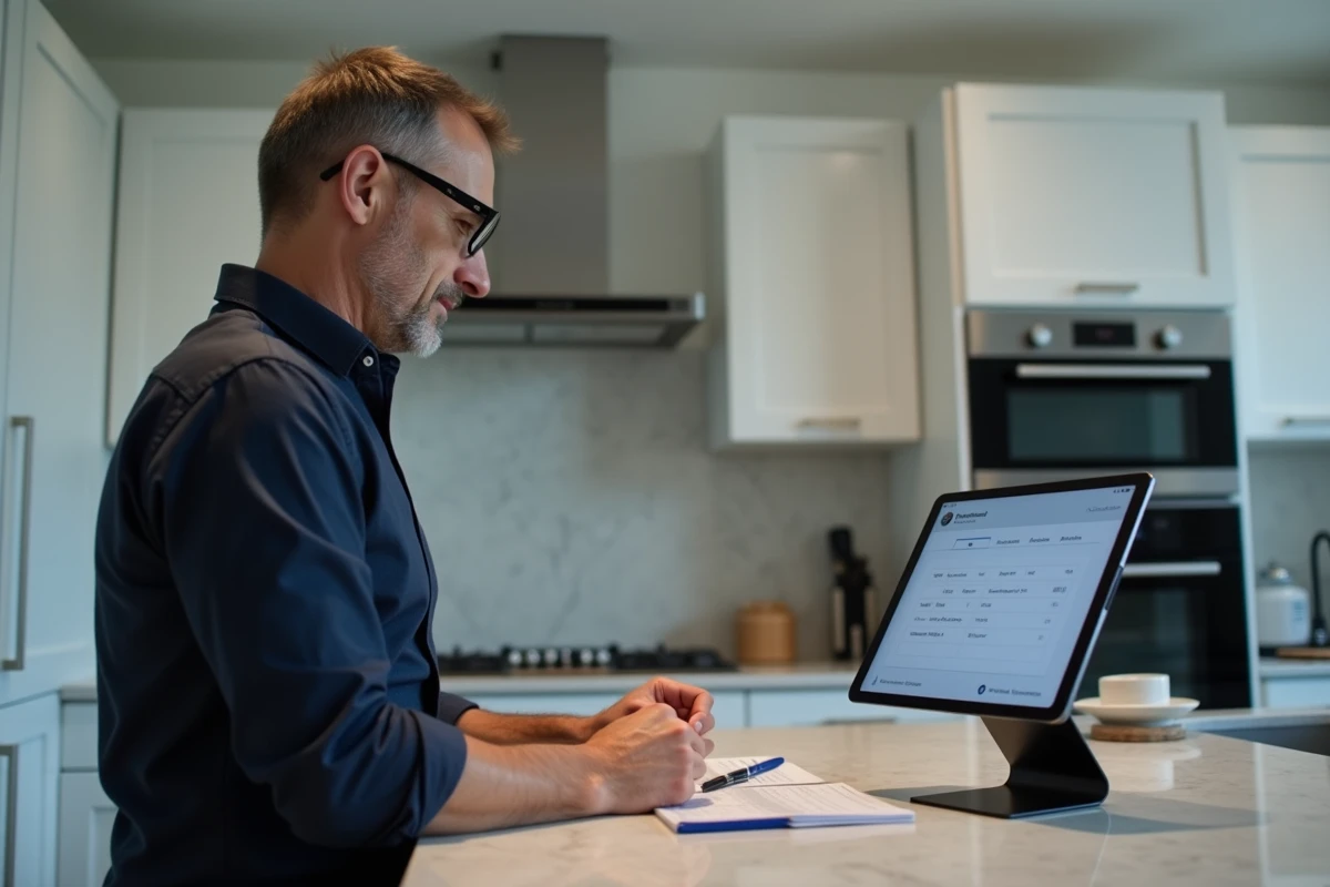 Homme consultant le portail de paiement URSSAF sur tablette sans compte bancaire professionnel dans une cuisine