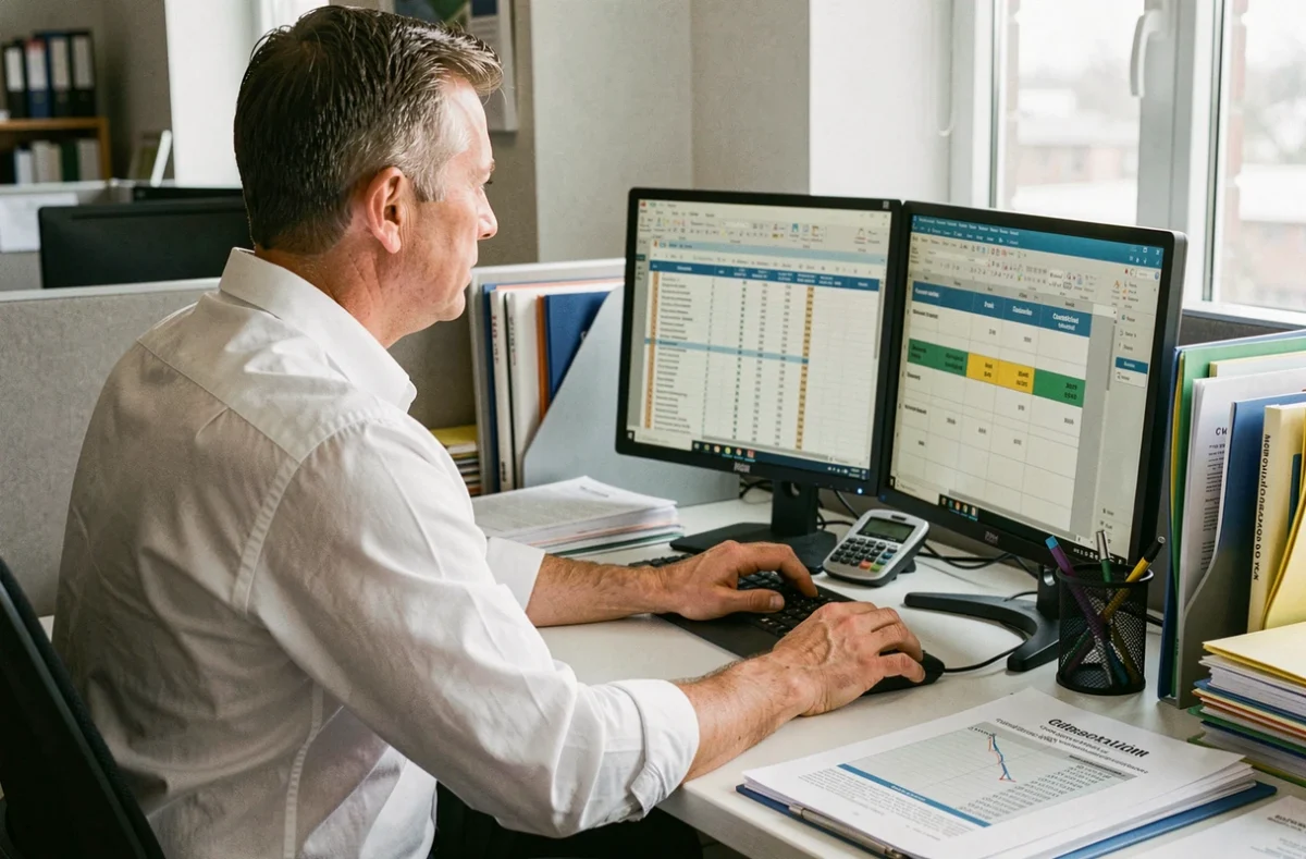 Spécialiste de Partners Finances analysant un dossier de regroupement de crédits sur écran dans un bureau de courtage professionnel