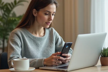 Femme utilisant PayPal sur son smartphone pour effectuer un achat en ligne sur Amazon depuis son bureau à domicile
