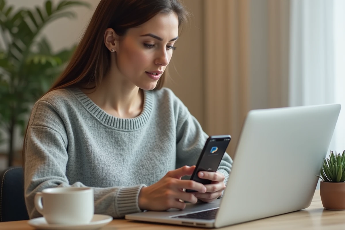 Femme utilisant PayPal sur son smartphone pour effectuer un achat en ligne sur Amazon depuis son bureau à domicile