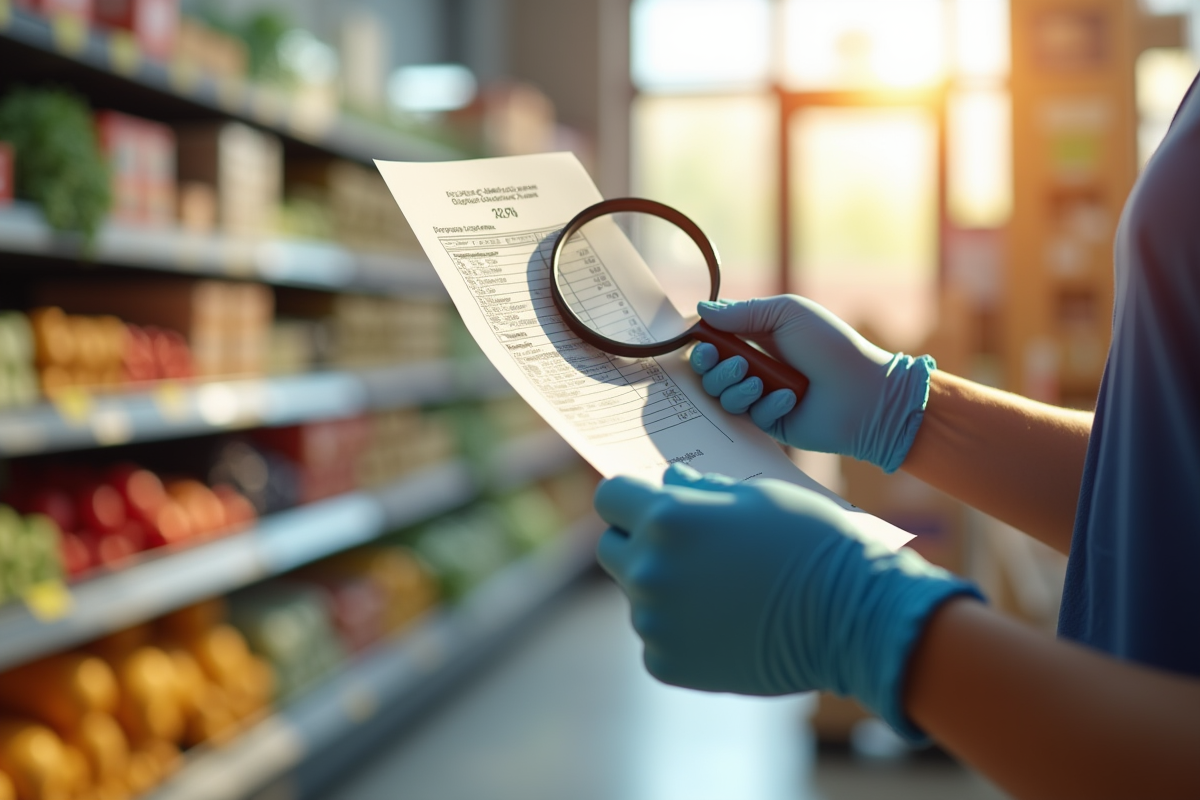 Personne avec loupe et ticket de caisse dans un supermarche