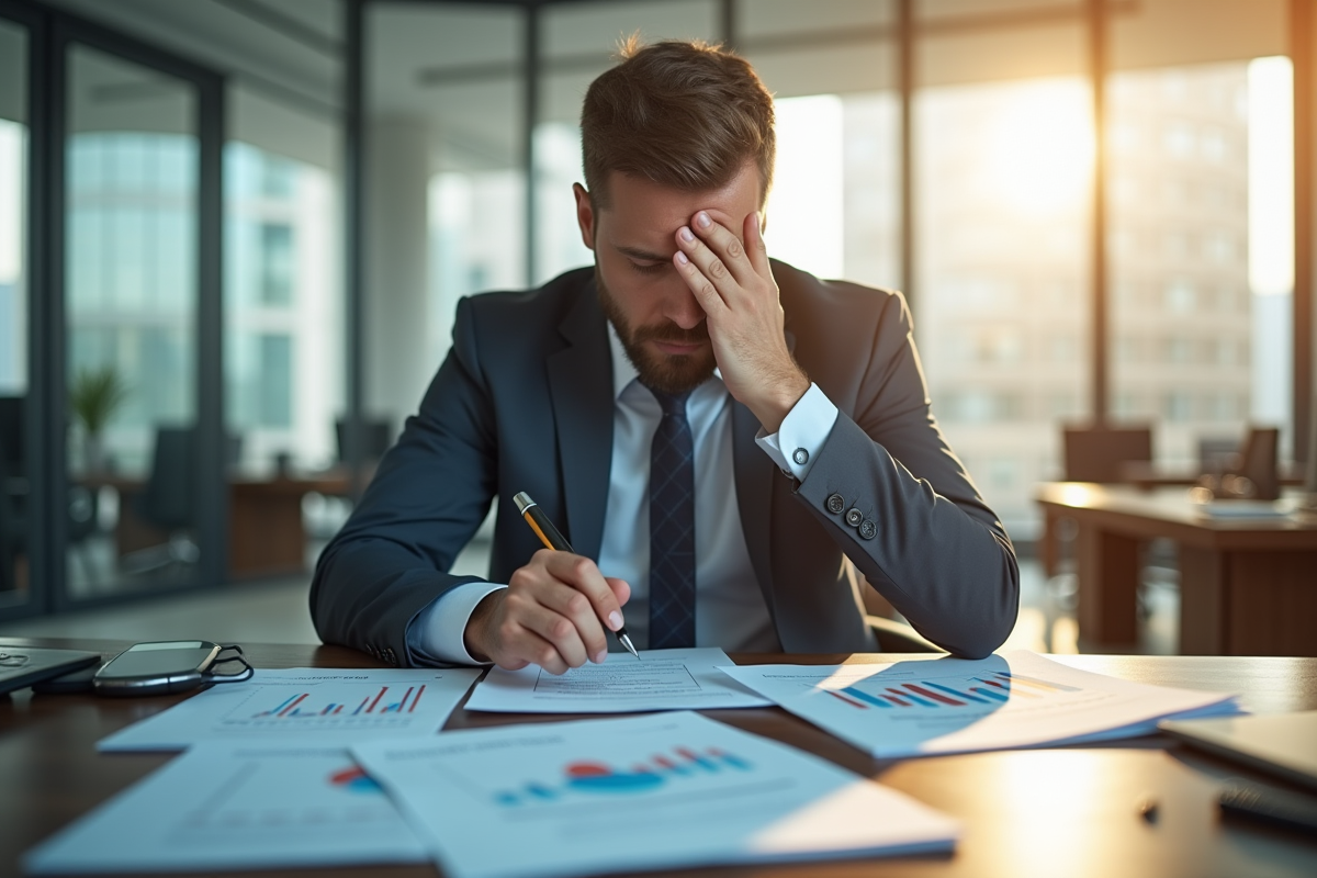 Un homme d'affaires inquiet dans un bureau moderne avec des documents financiers et des graphiques sur la dette nationale