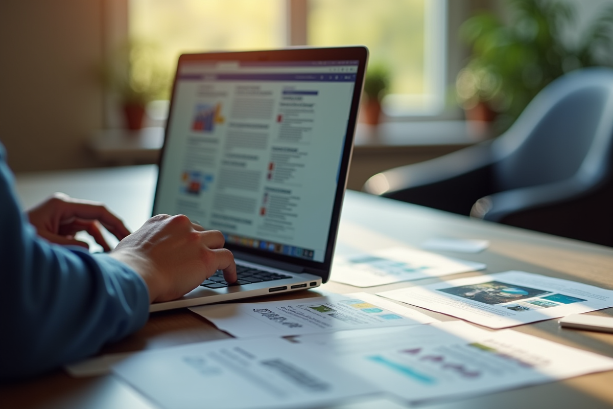 Personne analysant des pages web sur un ordinateur portable dans un bureau lumineux