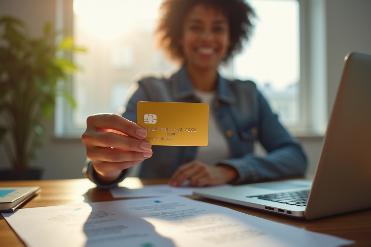 Personne confiante tenant une carte gold de crédit au bureau