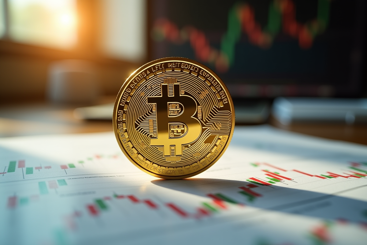 Pièce d'or blockchain avec graphiques financiers