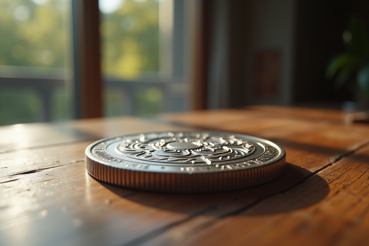 Pièce d'argent rare sur une table en bois avec lumière naturelle