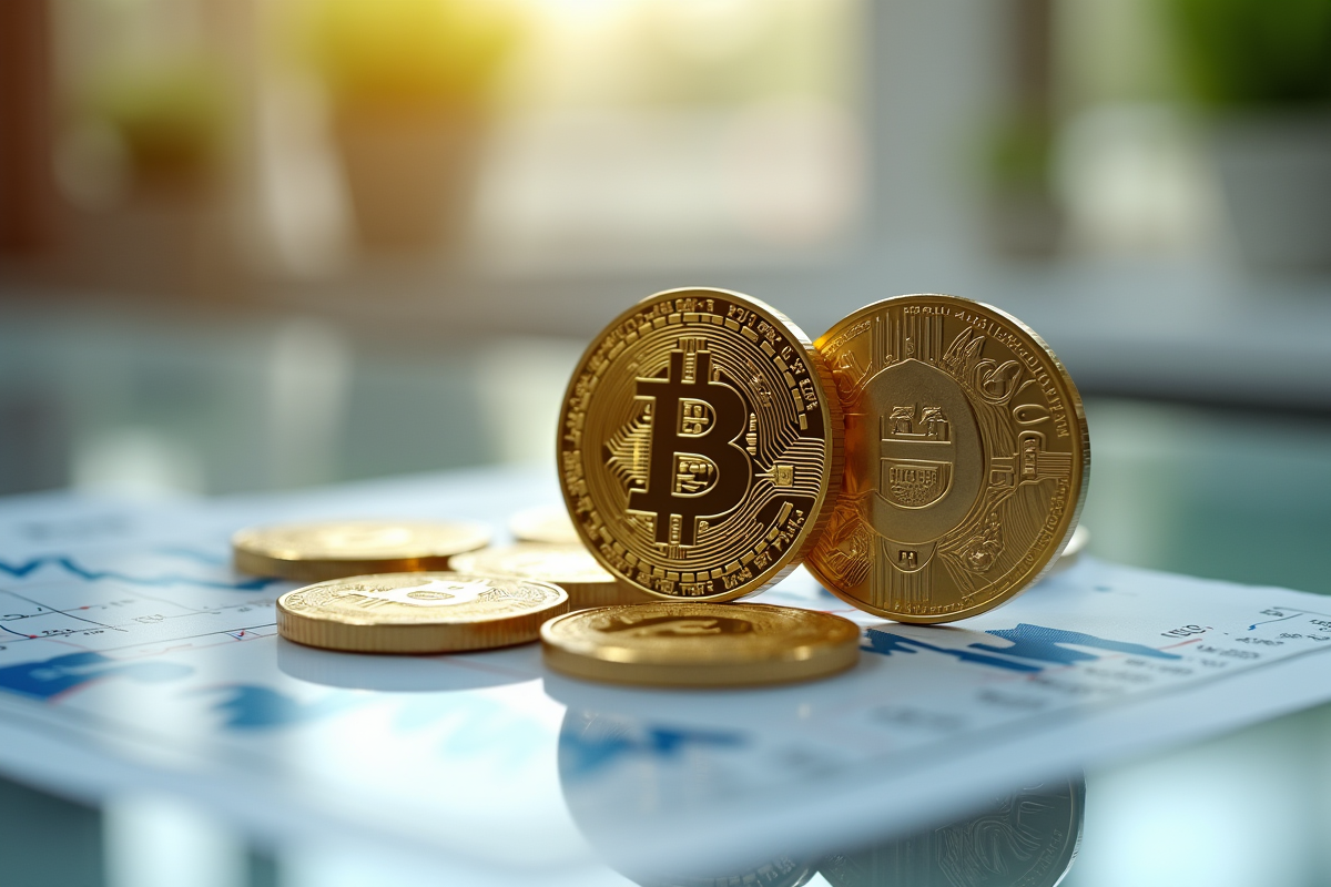 Pièces de cryptomonnaies sur surface réfléchissante avec notes financières