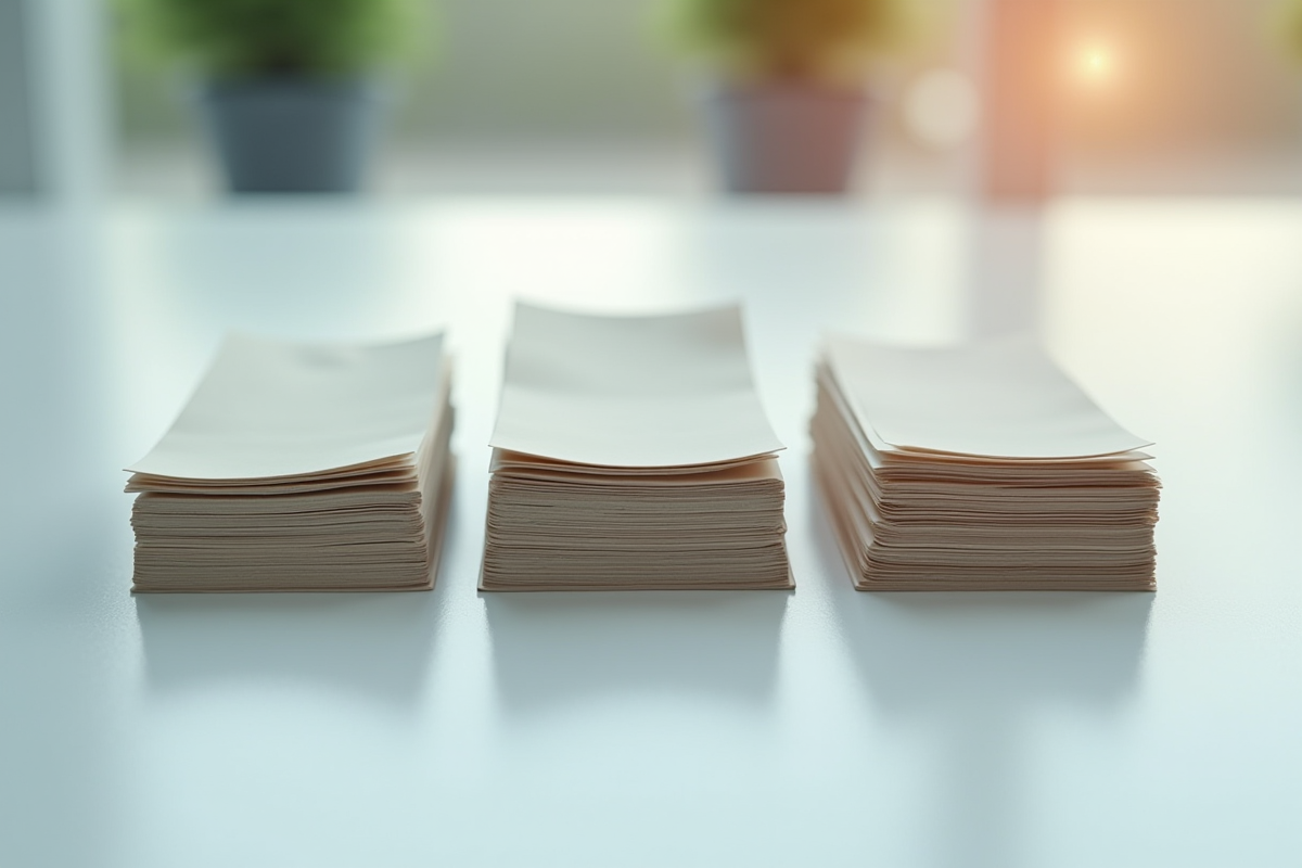 Gros plan sur des piles de certificats et contrats financiers sur une surface claire