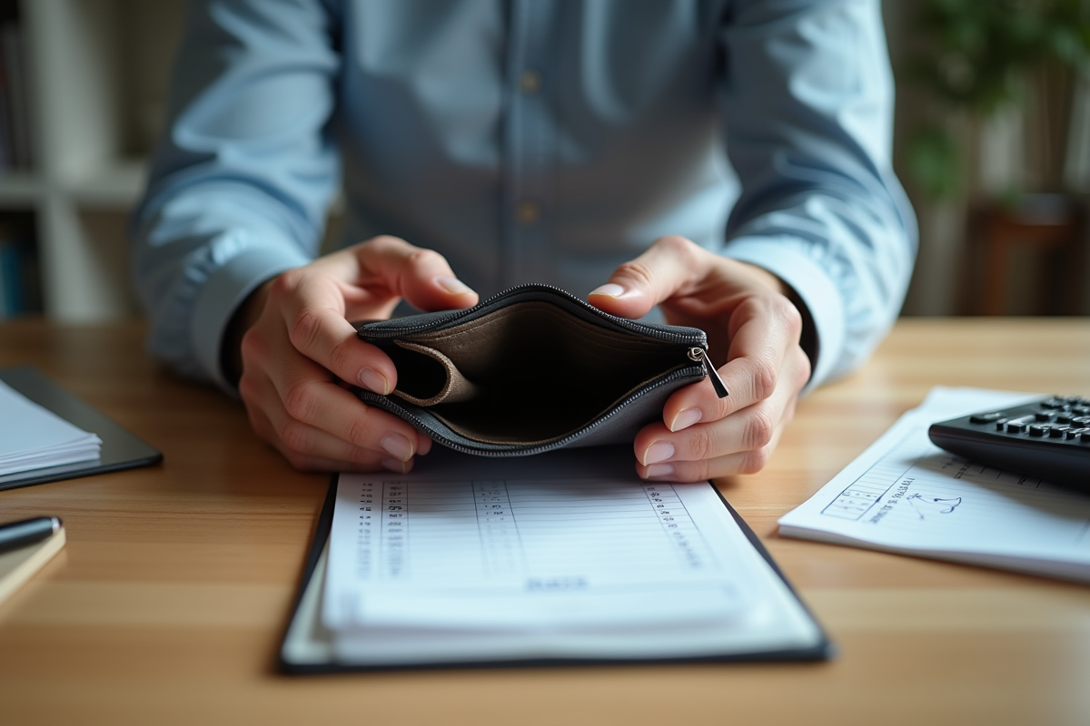 Mains tenant un porte-monnaie vide avec un carnet et une calculatrice