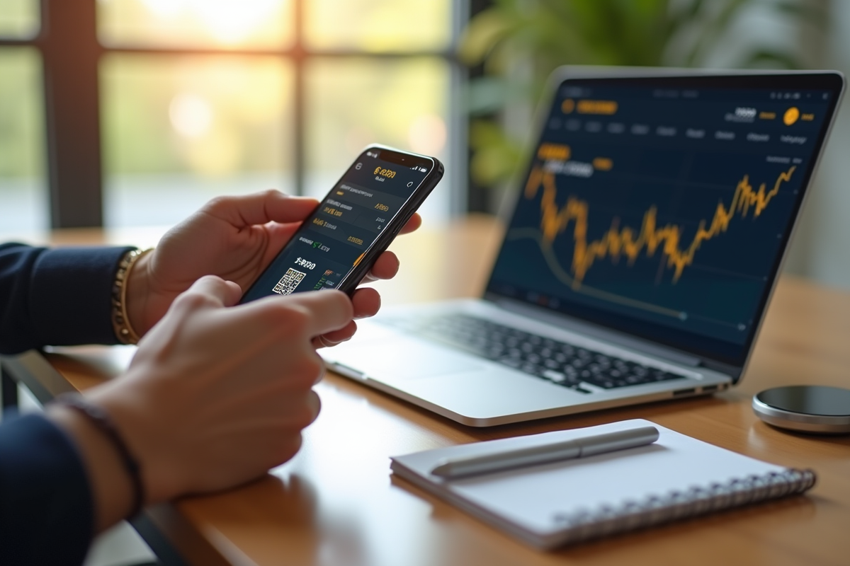 Main tenant un smartphone avec portefeuille crypto et QR code