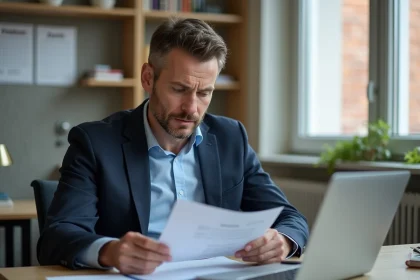 Professeur fran&ccedil;ais en salle de r&eacute;union scolaire lisant un document
