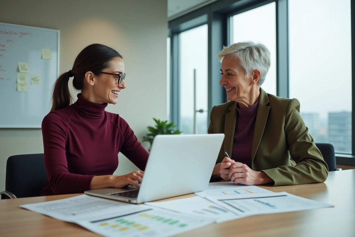 Deux professeurs comparant leurs bulletins de salaire et leurs droits à la retraite lors d'une réunion professionnelle