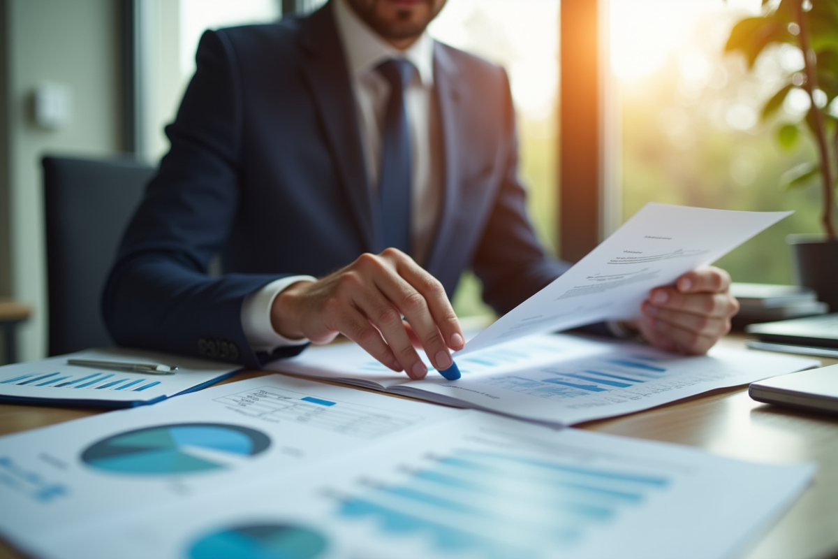 Professionnel bien habille comparant documents et graphiques financiers
